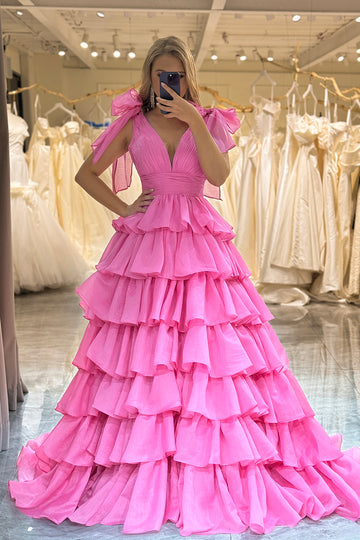 Hot Pink Tiered A Line Princess Prom Dress with Pleated